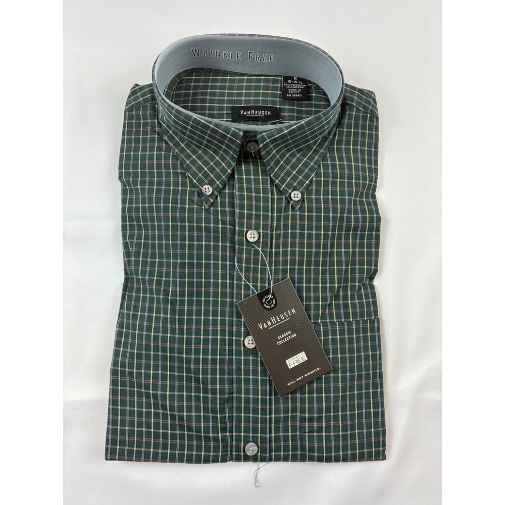 Van Heusen Dress Shirt Mens Medium Green Plaid NWT Wrinkle Free Classic Shirt